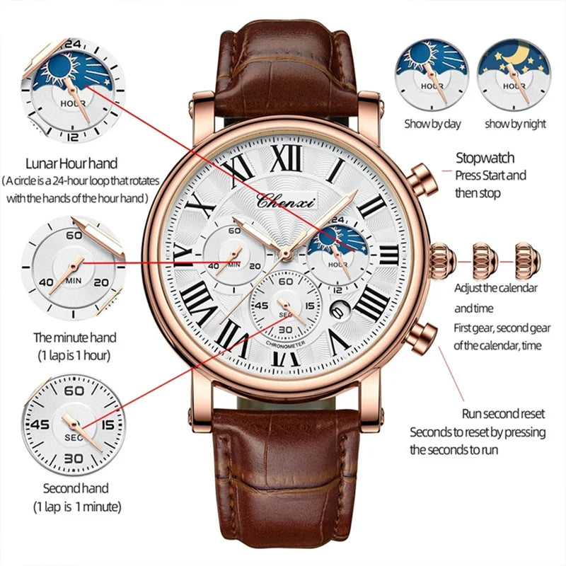 Monarch CHX MoonPhase Classic – Roman Quartz Leather Watch